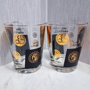Vintage Cera US Coins Double Old Fashioned Glasses 22k Historical Barware Pair